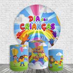 Kit Painel De Festa Feliz Dia Das Crianças 3 Redondo + Trio De Cilindros Em Tecido
