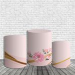 Kit Painel De Festa Arranjo De Flores Jardim Floral Redondo + Trio De Cilindros Em Tecido