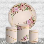 Kit Painel De Festa Arranjo De Flor Rosa Jardim Redondo + Trio De Cilindros Em Tecido