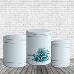 Kit Painel De Festa Jardim Floral Flores Azul Redondo + Trio De Cilindros Em Tecido