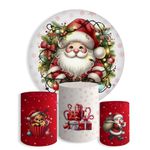 Kit Painel De Festa Papai Noel Natal Fofo Redondo + Trio De Cilindros Em Tecido