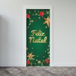 Capa De Porta Para Decoração Festa Feliz Natal Tecido Elástico 2.10x0.85m Painel de Porta