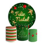 Kit Painel De Festa Feliz Natal Natalino Redondo + Trio De Cilindros Em Tecido