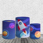Kit Painel De Festa Astronauta No Espaço Redondo + Trio De Cilindros Em Tecido