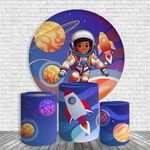 Kit Painel De Festa Astronauta No Espaço Redondo + Trio De Cilindros Em Tecido