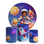 Kit Painel De Festa Astronauta No Espaço Redondo + Trio De Cilindros Em Tecido