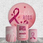 Kit Painel De Festa Outubro Rosa Redondo + Trio De Cilindros Em Tecido