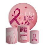 Kit Painel De Festa Outubro Rosa Redondo + Trio De Cilindros Em Tecido