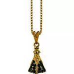 Corrente Colar Gargantilha Com Pingente Aparecida Folheado a Ouro C/16 Strass Azul Marinho