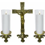 Conjunto Crucifixo Metal De Altar 37,5 Cm e 2 Castiçal Baixo C/ Donzela (vela Não Inclusa)