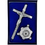 Cruz Crucifixo Mesa Altar Metal Prateado Com Base 26,5cm