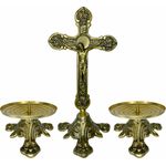 Conjunto Crucifixo Metal De Altar 30 Cm e 2 Castiçal Baixo 7x13cm