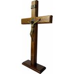Cruz Crucifixo Madeira Com Cristo Metal Mesa e Parede 35cm