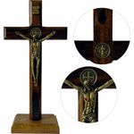 Cruz Crucifixo Madeira Com Cristo Metal Mesa e Parede 19cm