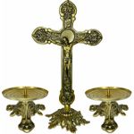 Conjunto Crucifixo Metal De Altar 30 Cm e 2 Castiçal Baixo 7x13cm