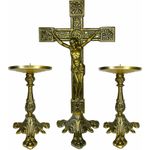 Conjunto Crucifixo Metal De Altar 37,5 Cm e 2 Castiçal Alto 21x12cm
