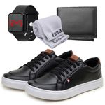 Kit Tênis Slip Casual Masculino Leve e Confortável + Carteira + Relógio + Meia - Preto/Branco