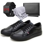 Kit Tênis Slip Casual Masculino Leve e Confortável + Carteira + Relógio + Meia - Preto/Preto
