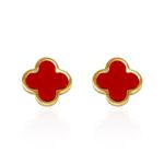 Brinco Trevo Vermelho Liso Aço Inoxidável Dourado