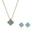 Conjunto Brinco e Colar Trevo Azul Liso Aço Inoxidável Dourado 