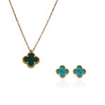 Conjunto Brinco e Colar Trevo Verde Liso Aço Inoxidável Dourado 