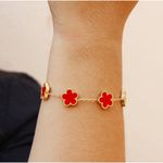 Pulseira Trevo Vermelho Liso Aço Inoxidável Dourado 