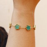 Pulseira Trevo Verde Liso Aço Inoxidável Dourado 