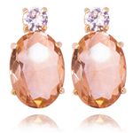 Brinco Ponto De Luz Oval Semijoia Banho De Ouro 18k Zirconia No Cristal Champagne Base Redonda De Zirconia Incolor