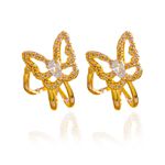 Brinco Ear Cuff Três Fios com Borboleta e Zircônias Semijoia Banho de Ouro 18K 