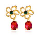 Brinco Flor Vazada com Zircônia Verde e Zircônia Vermelha Oval Banho de Ouro 18K