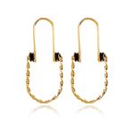 Brinco Longo Oval Torcido com Zircônia Preta Banho de Ouro 18K