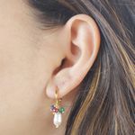 Brinco Argola Click Cacho Pedra Natural Jade, Rubelita, Safira e Pérola Cultivada Banho de Ouro 18K