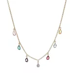 Colar Elo Português Com Gotas Penduradas De Zircônias Coloridas Semijoia Banho De Ouro 18k