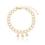 Pulseira Elo Groumet Com Flor Cravejada Semijoia Banho De Ouro 18k