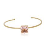 Pulseira Bracelete Com Carrê Semijoia Banho De Ouro 18k Cristal Rosa