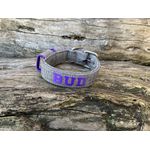 COLEIRA BABY PERSONALIZADA 3cm cinza riscado com nome em roxo