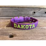 COLEIRA BABY PERSONALIZADA 3cm roxa com nome em verde fluorescente