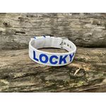 COLEIRA PERSONALIZADA 5cm branca com nome em azul bic