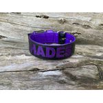 COLEIRA PERSONALIZADA 5cm preta/roxo com nome em roxo