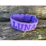 COLEIRA PERSONALIZADA 5cm lilás com nome em roxo