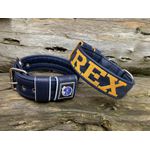 COLEIRA PERSONALIZADA 5cm azul com nome em amarelo petróleo