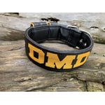 COLEIRA PERSONALIZADA 5cm preta com nome em amarelo petróleo