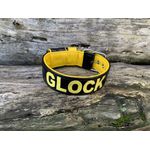 COLEIRA PERSONALIZADA 5cm preta/amarelo com nome em amarelo canário