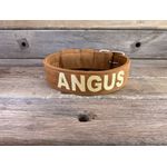 COLEIRA PERSONALIZADA 5cm camurça ocre com nome em dourado