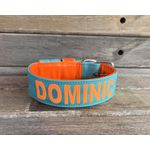 COLEIRA PERSONALIZADA 5cm tiffany/laranja com nome em laranja fluorescente