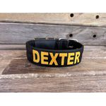 COLEIRA PERSONALIZADA 5cm preta com nome em amarelo petróleo