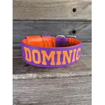 COLEIRA PERSONALIZADA 5cm roxa/laranja com nome em laranja fluorescente