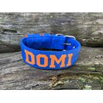 COLEIRA PERSONALIZADA 5cm azul riscado com nome em laranja fluorescente