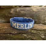 COLEIRA PERSONALIZADA 5cm azul riscado com nome em prata