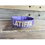 COLEIRA PERSONALIZADA 5cm lilás com nome em dourado
